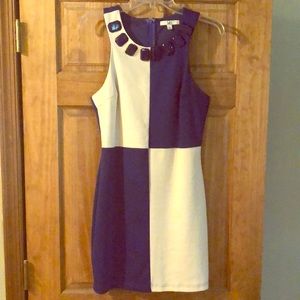Blue and tan color block dress